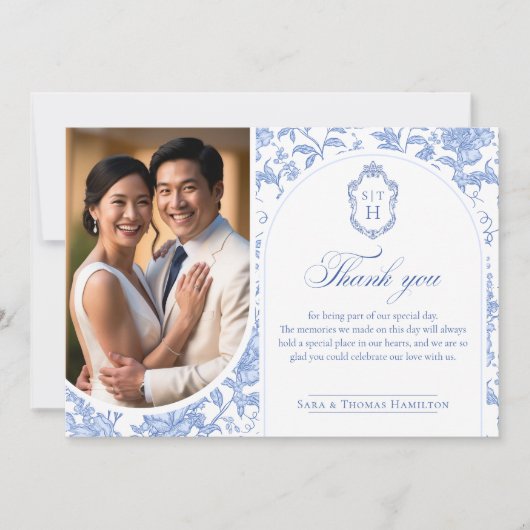 Delft Blue Floral Chinoiserie Monogram Wedding サンキューカード (正面)