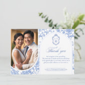 Delft Blue Floral Chinoiserie Monogram Wedding サンキューカード (スタンド正面)