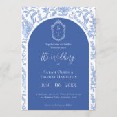 Delft Blue Floral Chinoiserie Monogram Wedding 招待状 (正面)
