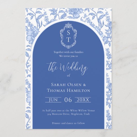 Delft Blue Floral Chinoiserie Monogram Wedding 招待状 (正面)