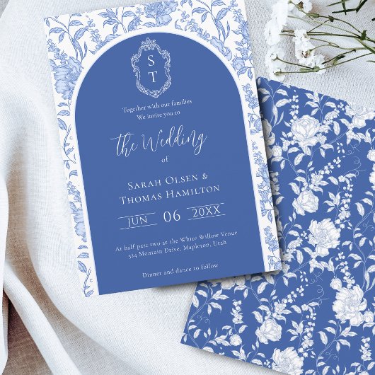 Delft Blue Floral Chinoiserie Monogram Wedding 招待状