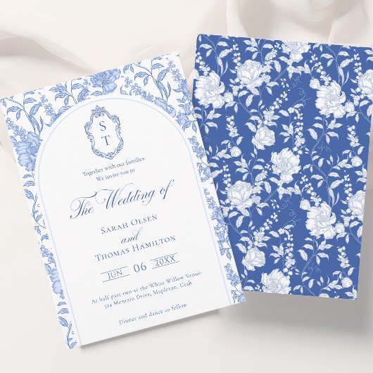 Delft Blue Floral Chinoiserie Monogram Wedding 招待状