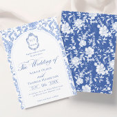 Delft Blue Floral Chinoiserie Monogram Wedding 招待状