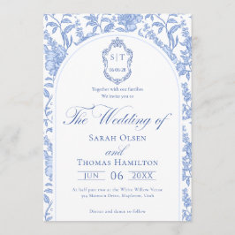 Delft Blue Floral Chinoiserie Monogram Wedding 招待状