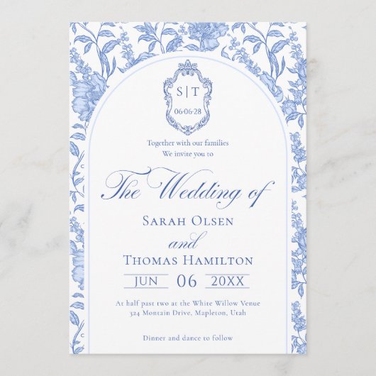 Delft Blue Floral Chinoiserie Monogram Wedding 招待状 (正面)