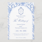 Delft Blue Floral Chinoiserie Monogram Wedding 招待状 (正面)