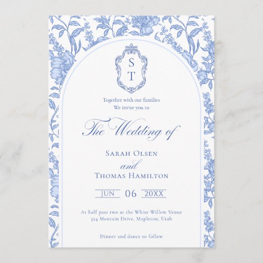 Delft Blue Floral Chinoiserie Monogram Wedding 招待状 (正面)