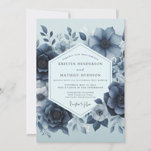 Delft Blue Moody Floral Wedding 招待状 (正面)