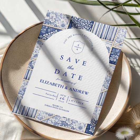 Delft Blue Patchwork Toile Wedding セーブザデート