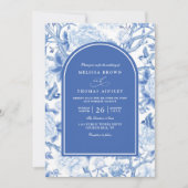 Delft Blue White Chinois Floral QR Code Wedding 招待状 (正面)