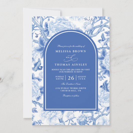 Delft Blue White Chinois Floral QR Code Wedding 招待状 (正面)