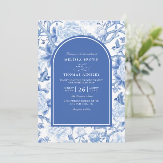 Delft Blue White Chinois Floral QR Code Wedding 招待状 (スタンド正面)