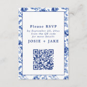 Delftware Inspired Blue Floral RSVP with qr code エンクロージャーカード (正面)