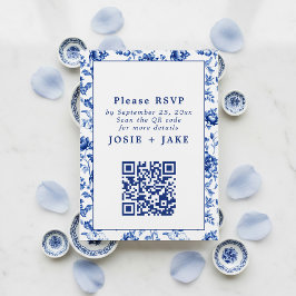 Delftware Inspired Blue Floral RSVP with qr code エンクロージャーカード