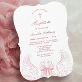 Delicate Angel Wings Pink Bow Baptism 招待状