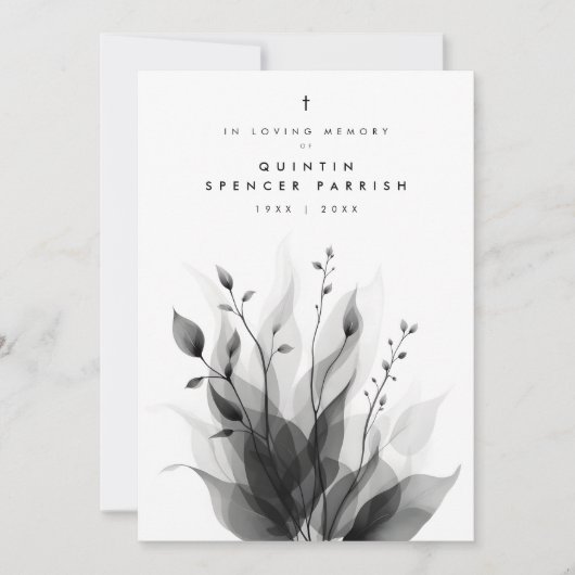 Delicate Black & White Overlapping Leaves & Flower 招待状 (正面)