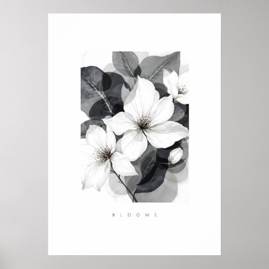 Delicate Black White Overlapping Leaves & Flowers ポスター (正面)