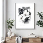 Delicate Black White Overlapping Leaves & Flowers ポスター