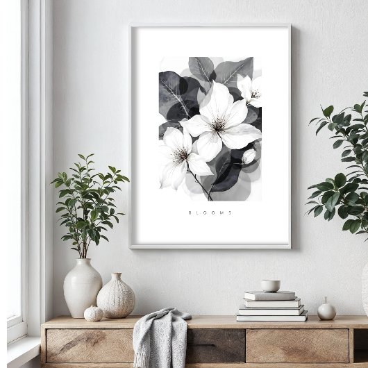 Delicate Black White Overlapping Leaves & Flowers ポスター