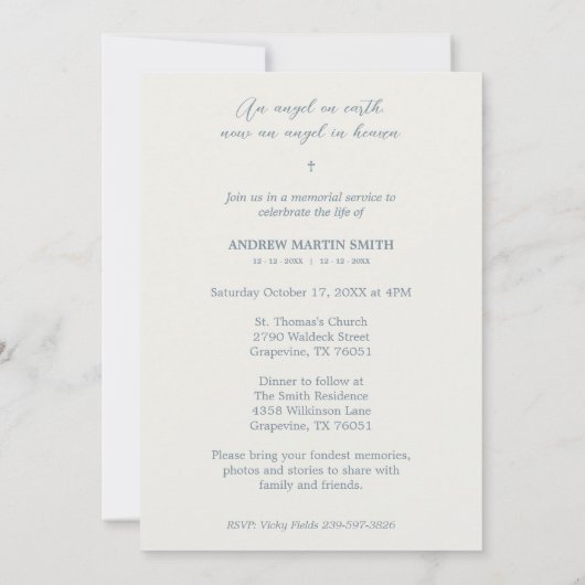 Delicate Blue Angel Condolence Remembrance Babies 招待状 (裏面)