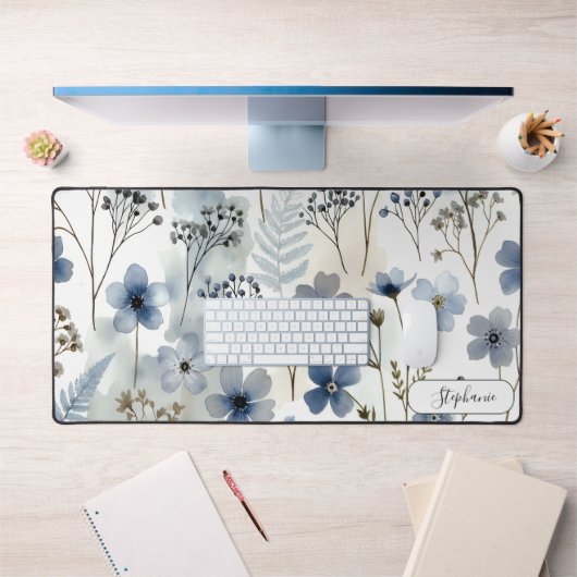 Delicate Blue Botanical Organic Custom デスクマット (オフィス1)