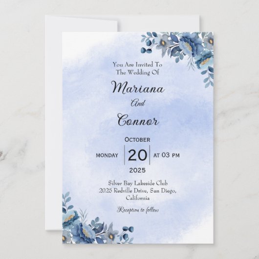Delicate Blue Floral Wedding Invitation 招待状 (正面)