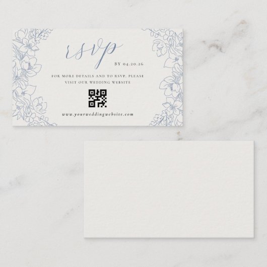 Delicate Blue Floral Wedding QR code RSVP エンクロージャーカード (正面/裏面)