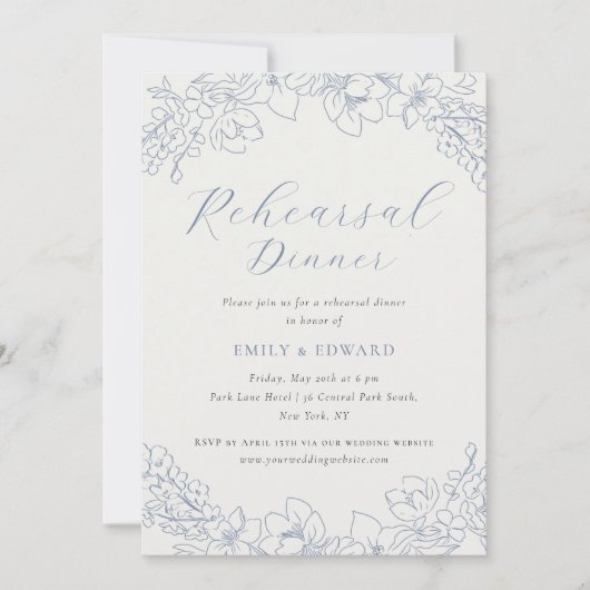 Delicate Blue Floral Wedding Rehearsal Dinner 招待状 (正面)