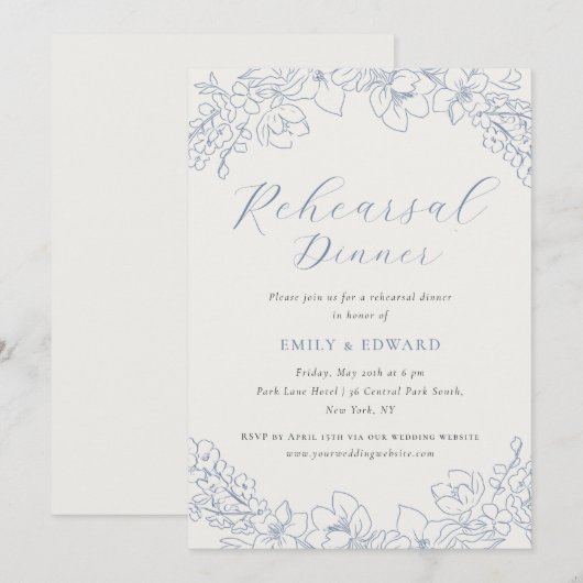 Delicate Blue Floral Wedding Rehearsal Dinner 招待状 (正面/裏面)