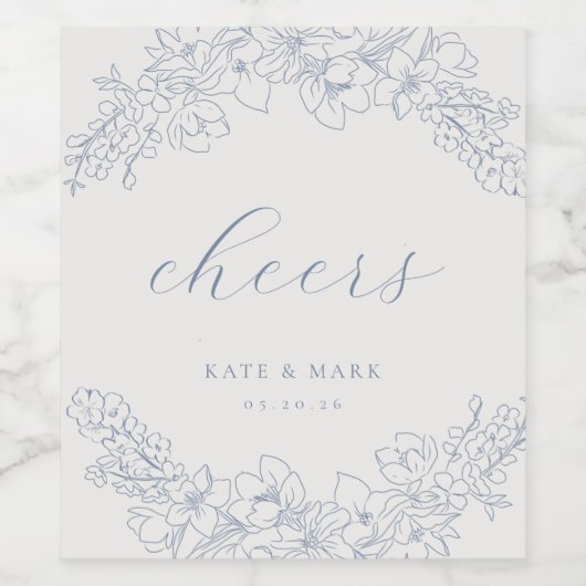 Delicate Blue Floral Wedding Wine Bottle Labels ワインラベル (シングルラベル)