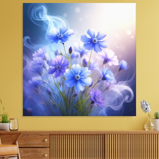 Delicate Blue Flowers with Ethereal Mist キャンバスプリント (インサイチュ (リビング))