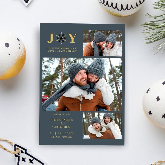 Delicate Blue & Gold SnowFlake 3 Photos Collage セーブザデート