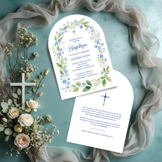 Delicate Blue Shades Floral Frame Arch Baptisme 招待状