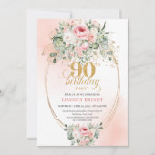 Delicate Blush Floral Greenery Elegant 90 Birthday 招待状 (正面)
