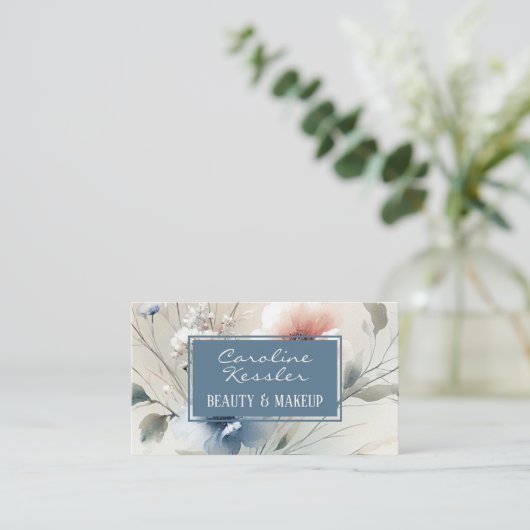 Delicate Blush Pink Blue Floral Design 名刺 (スタンド正面)