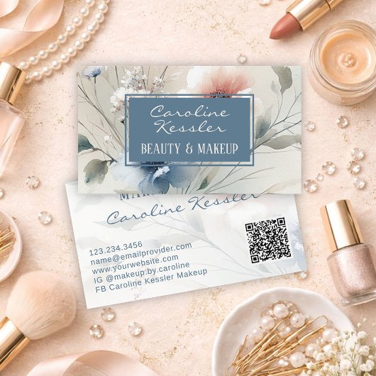Delicate Blush Pink Blue Floral Design 名刺