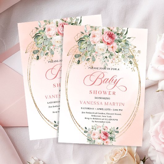 Delicate Blush Roses Gold Girl Baby Shower Invites 招待状
