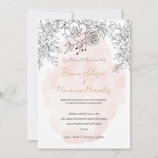 Delicate Blush Wash with Modern Black Botanical 招待状 (正面)