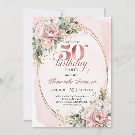Delicate Blush Watercolor 50th Birthday Invitation 招待状 (正面)
