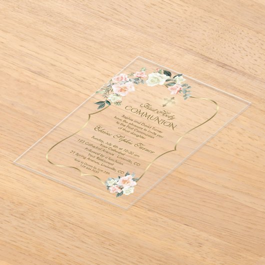 Delicate Blush White Flowers First Holy Communion アクリル招待状 (レイダウン)