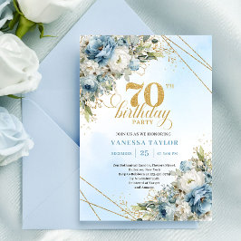 Delicate boho blue florals gold frame 70 birthday 招待状