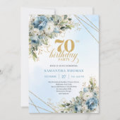 Delicate boho blue florals gold frame 70 birthday 招待状 (正面)