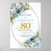 Delicate boho blue florals gold frame 80 birthday ポスター (正面)