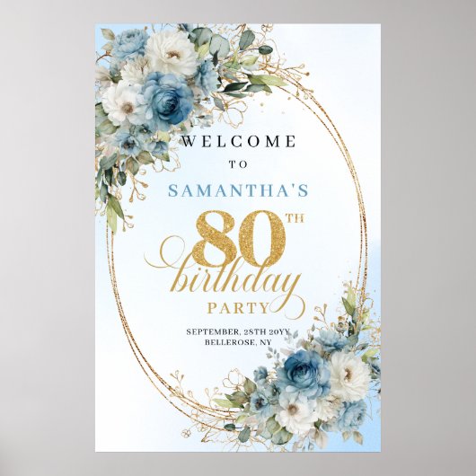 Delicate boho blue florals gold frame 80 birthday ポスター (正面)