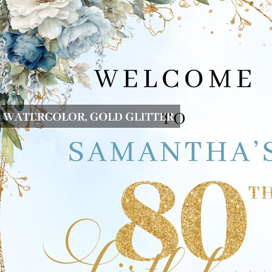 Delicate boho blue florals gold frame 80 birthday ポスター