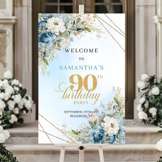 Delicate boho blue florals gold frame 90 birthday ポスター