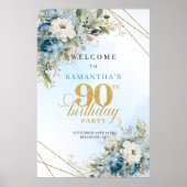 Delicate boho blue florals gold frame 90 birthday ポスター (正面)