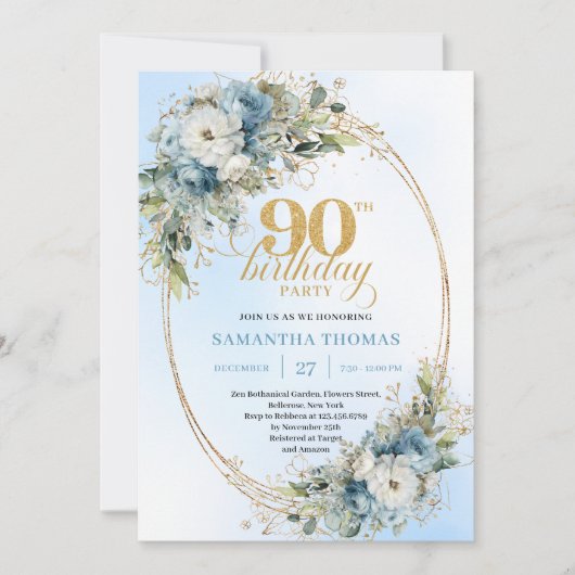 Delicate Boho Dusty Blue Floral Gold 90th Birthday 招待状 (正面)