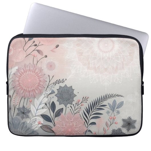 Delicate Boho Lace Pink Grey Laptop Tablet Sleeve ラップトップスリーブ (正面)
