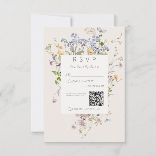 Delicate Boho Wildflowers Cream QR Code Wedding 出欠カード (正面)